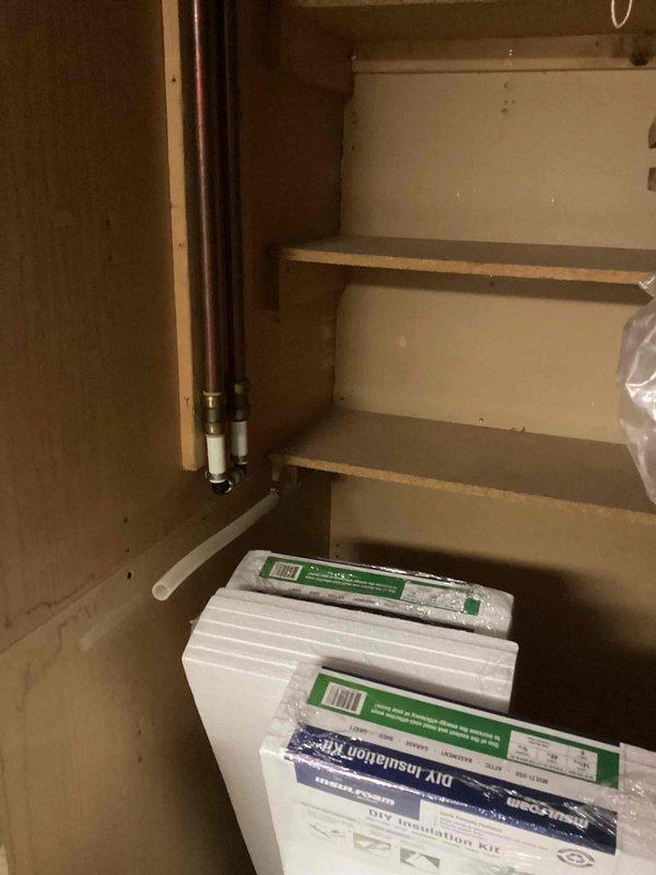Performed on-site evaluation for water softener installation options. Assessed current plumbing configuration in utility cabinet with existing copper piping. Provided customer with installation estimates for both contractor-supplied softener and customer-supplied softener options as requested.