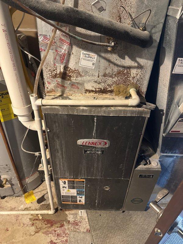 Diagnosed Lennox furnace with no heat issue. Inspection revealed collector box leakage and heat exchanger clogging, causing pressure generation problems. Provided repair estimate to customer and scheduled PM visit for replacement options.