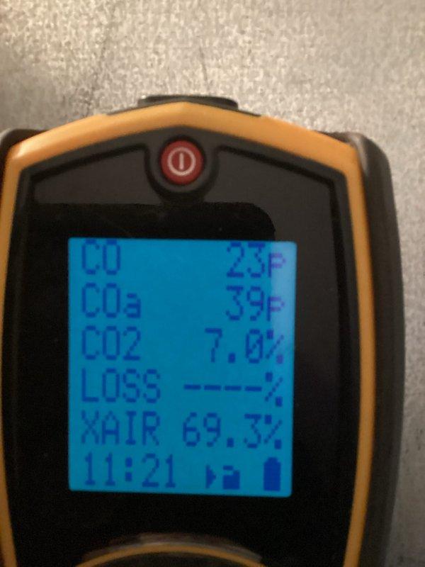 Performed preventative maintenance agreement service on air handler system. Conducted complete tune-up with combustion analysis showing CO readings of 23ppm, CO2 at 39ppm/7.0%, and excess air at 69.3%. Inspected water heater connections and verified proper operation of all system components. No issues identified; system operating within normal parameters.