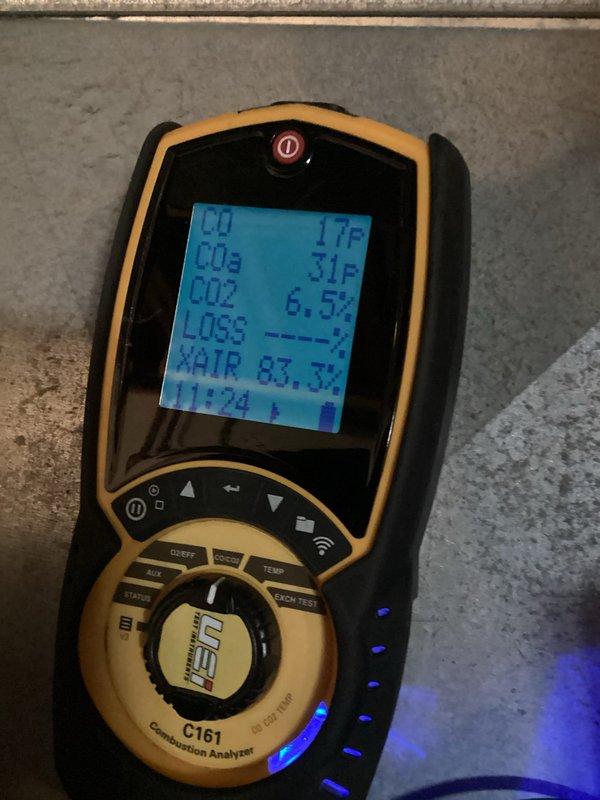 Responded to no-heat service call for 10+ year old furnace that failed to produce warm air. Diagnosed failed inducer motor as root cause and replaced component. Post-repair combustion analysis confirmed proper operation with CO at 17 PPM, CO2 at 3.1%, and O2 at 6.5%, restoring heat to the residence.