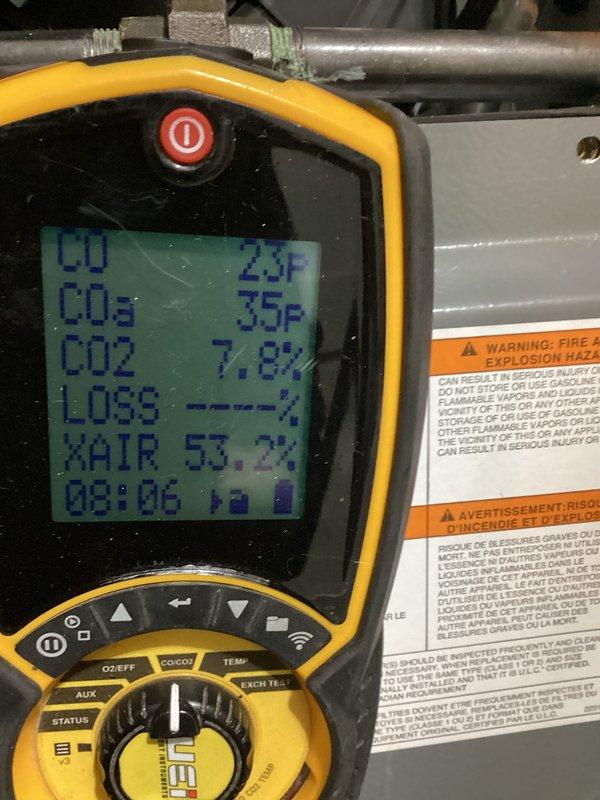 Performed scheduled maintenance agreement tune-up on air handler. Conducted combustion analysis with readings showing CO at 23F, CO2 at 7.8%, and ambient air temperature at 53F. Verified equipment operation and documented system identification (S/N: S747318, Model: AWWK9172030N). All systems operating within normal parameters after service.