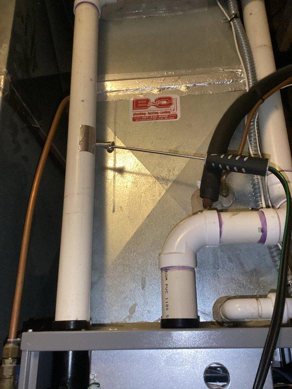 Performed scheduled maintenance tune-up on residential HVAC system. Inspected furnace components including electrical connections, PVC venting system, and condensate drain line. Unit is functioning properly with no issues identified.