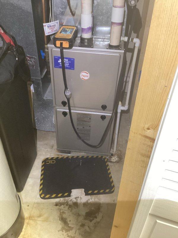 Performed scheduled preventive maintenance agreement service on Payne HVAC furnace system. Inspected and tested unit operation, examined PVC ventilation/drainage components, and verified proper installation of plumbing connections with appropriate primer at joints. All maintenance procedures completed according to manufacturer specifications.