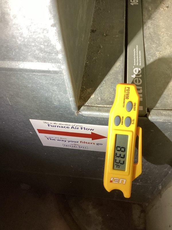 Responded to no heat complaint on aging furnace. Diagnosed high limit switch tripping due to restricted airflow from clogged filters. Temperature readings confirmed overheating condition (83.3°F at furnace, 14.9°F at return). Installed fresh filters, restored proper airflow, and verified normal operation of heating system.