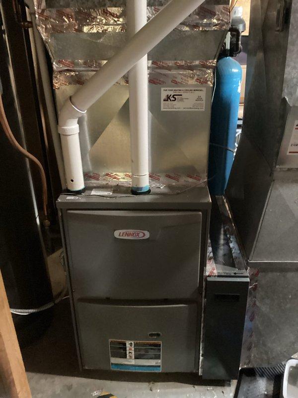 Completed scheduled maintenance service on Lennox furnace system. Inspected equipment, replaced air filter with new Airex filter, and verified proper system operation. All components functioning normally with no issues identified.