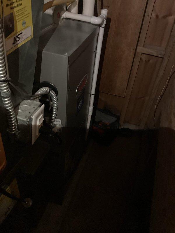 Performed scheduled preventative maintenance agreement (PMA+) service on air handler and furnace system. Inspected and photographed system components including ventilation ducting, metal conduit connections, and PVC piping. Replaced furnace filter with HCF-20-16 filter as part of regular maintenance procedure.