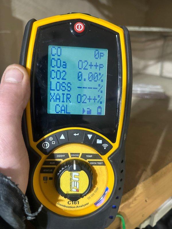 Responded to no-heat call for garage ceiling-mounted heating unit. Diagnostic testing with UEi CT61 combustion analyzer identified failing control board as the source of ignition failure. Provided customer with estimate for replacement control board.