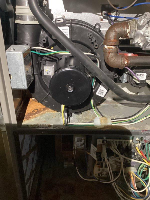 Diagnosed system making unusual noise on startup. Inspection revealed faulty inducer motor causing furnace to struggle during ignition sequence. Replaced inducer motor assembly, which resolved the startup noise issue and restored proper system operation. Unit showed signs of age-related wear including corrosion on copper components.