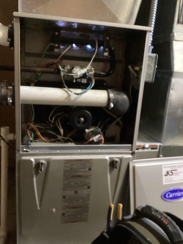 Performed scheduled maintenance agreement tune-up on furnace unit. Inspected control board connections, wiring, and PVC venting system. All components functioning as designed with no issues identified.