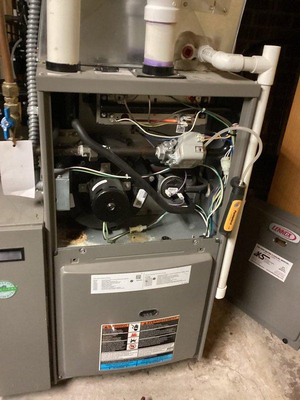 Performed scheduled preventive maintenance agreement service on Lennox HVAC system. Conducted comprehensive tune-up including inspection of blower assembly, control board, wiring connections, and PVC exhaust/intake piping. All components functioning properly with no issues identified.