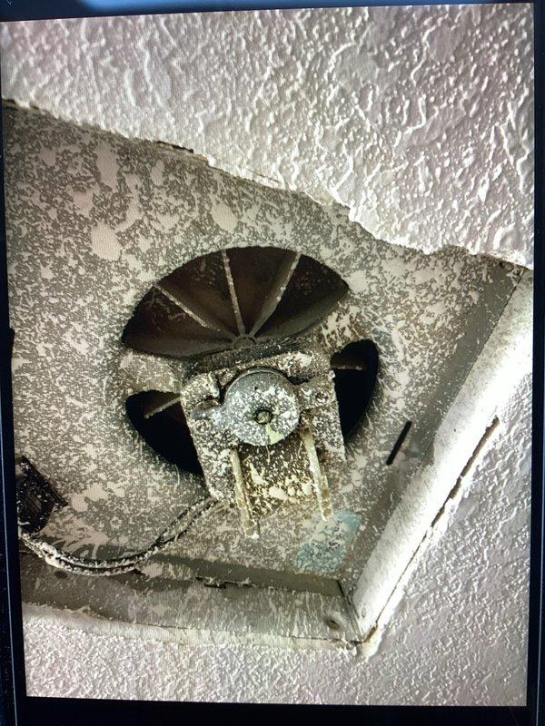 Responded to service call regarding bathroom fan dripping water in laundry room. Upon inspection, found ventilation fan heavily coated with dust and debris. System was tested for proper operation; unable to recreate dripping issue. Determined probable cause was vent becoming temporarily stuck during cold weather conditions.