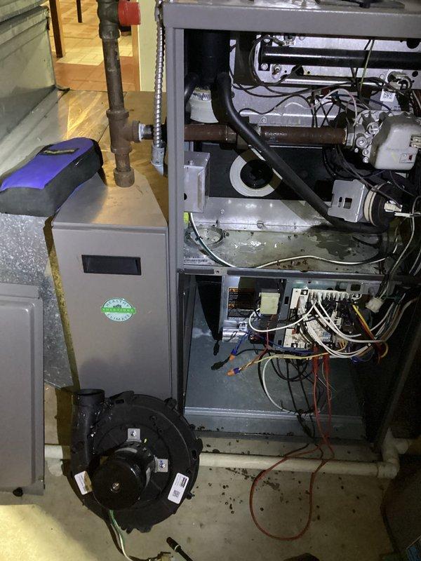 Diagnosed and replaced failing inducer motor that was producing excessive noise during furnace operation. Customer had not performed maintenance in 10 years, and system inspection revealed the inducer motor as the source of the loud operational sound. Replacement successfully resolved the noise issue.