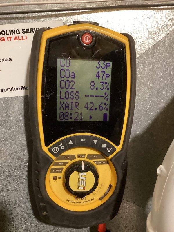 Performed scheduled preventative maintenance on furnace per agreement. Conducted combustion analysis with readings of CO2 at 8.3% and excess air at 42.6%. Inspected internal components and wiring connections, verifying proper operation of system.