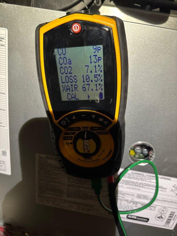 Performed scheduled preventative maintenance agreement service on HVAC system. Conducted combustion analysis using Fieldpiece analyzer, measuring CO2 levels (7.1%), system efficiency loss (10.5%), and excess air (67.1%). Inspected furnace components including wiring, circuit boards, and ventilation ducts to ensure proper operation.