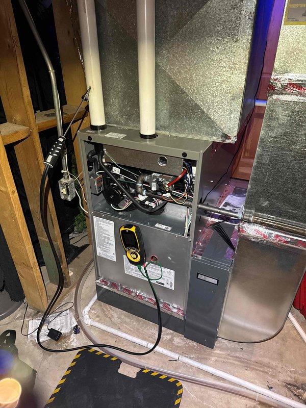 Performed scheduled preventative maintenance agreement service on HVAC system. Conducted combustion analysis using Fieldpiece analyzer, measuring CO2 levels (7.1%), system efficiency loss (10.5%), and excess air (67.1%). Inspected furnace components including wiring, circuit boards, and ventilation ducts to ensure proper operation.