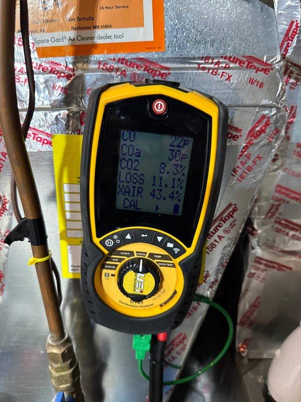 Performed scheduled preventative maintenance agreement service on Lennox furnace system. Conducted combustion analysis using digital analyzer, which showed CO2 levels, temperature readings (38°F), combustion efficiency loss (11.1%), and excess air (43.4%). Inspected all system components and connections, confirming proper operation of the heating system.