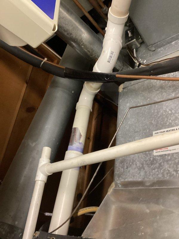 Performed scheduled preventative maintenance on air handler system. Discovered plugged secondary drain line which was cleared. Furnace was red tagged due to safety concerns identified during inspection.