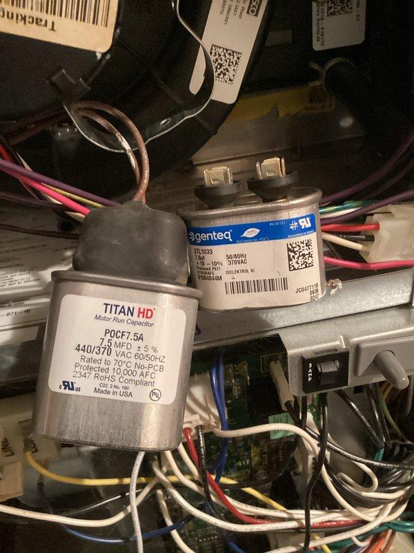 Diagnosed furnace with intermittent heating issue; testing revealed inducer motor capacitor operating out of acceptable range. Performed combustion analysis with UEi C151 analyzer to verify system performance. Replaced faulty TITAN HD Motor Run Capacitor (440/370 VAC) to restore proper operation and ensure reliable heating function.