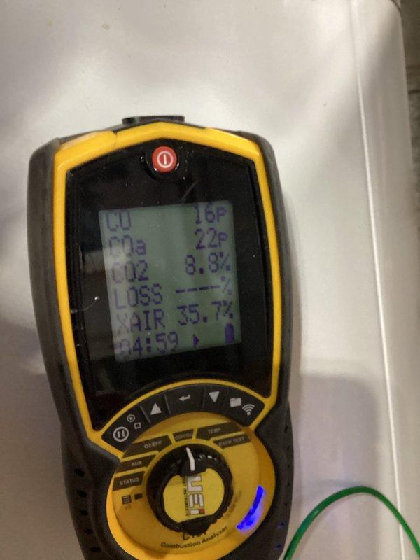 Performed routine furnace preventative maintenance and tune-up. Conducted combustion analysis showing CO levels at 16ppm and CO2 at 8.9% with 35.7% excess air. Discovered significant dust accumulation on blower wheel assembly requiring thorough cleaning to restore proper airflow and system efficiency.