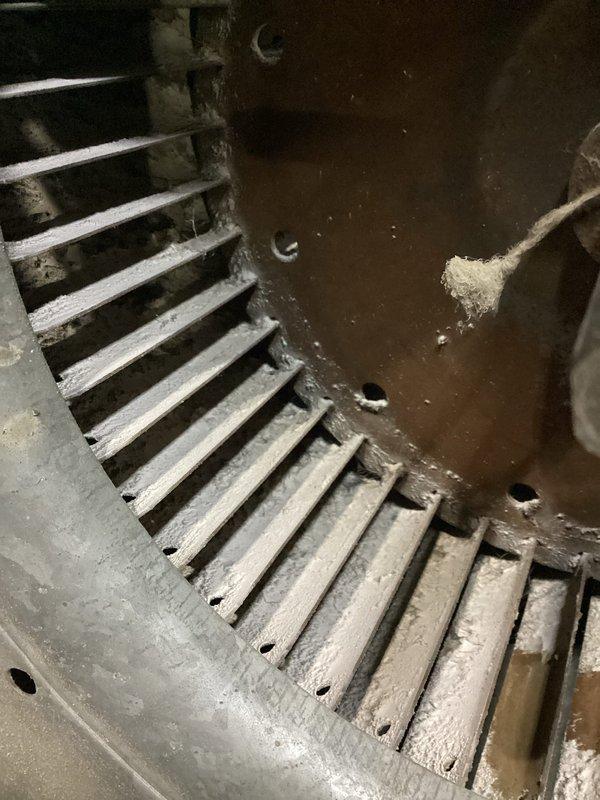 Performed routine furnace preventative maintenance and tune-up. Conducted combustion analysis showing CO levels at 16ppm and CO2 at 8.9% with 35.7% excess air. Discovered significant dust accumulation on blower wheel assembly requiring thorough cleaning to restore proper airflow and system efficiency.