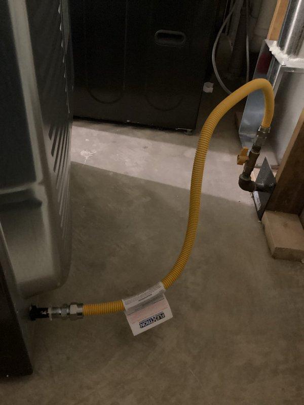 Installed customer-supplied flexible gas line to connect dryer in basement utility area. Performed comprehensive leak detection testing on the new connection and existing gas system. All systems functioning properly with no leaks detected.