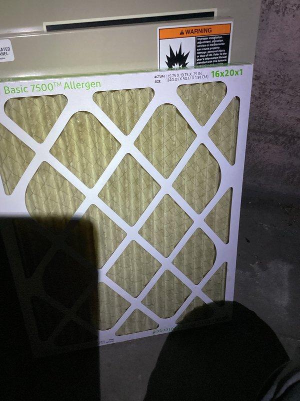 Responded to service call regarding furnace failing to maintain temperature. Diagnosed and cleared clogged condensate bypass in furnace, restoring proper operation. Inspected thermostat connections and replaced air filter with new Basic 7500 Allergen 16x20x1 filter.