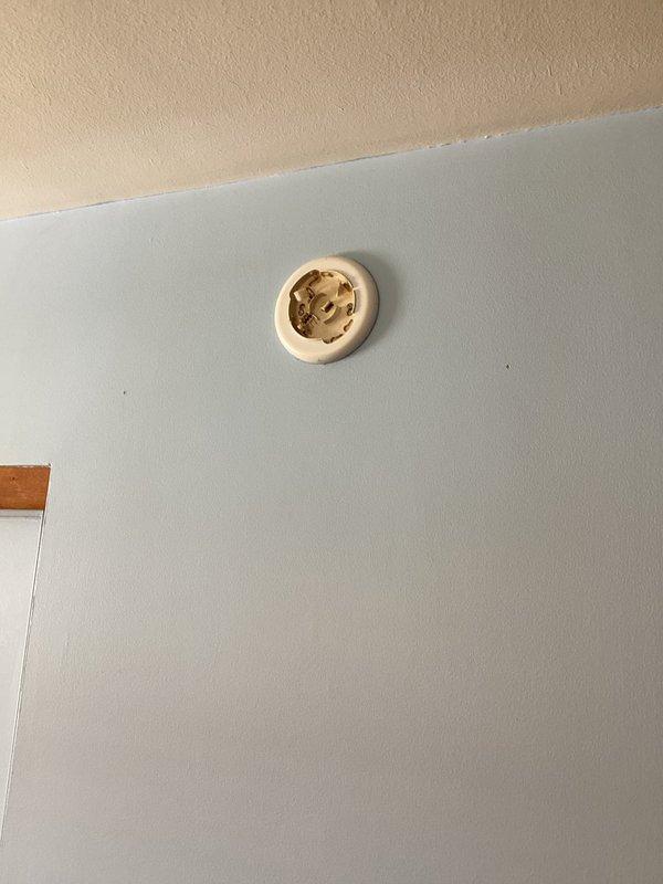 Arrived within scheduled window and replaced two 20+ year old hard-wired smoke detectors with new units. Observed damaged wall fixture with cracked plastic cover and exposed interior components. Will return to install additional smoke/CO detector in hallway as requested.