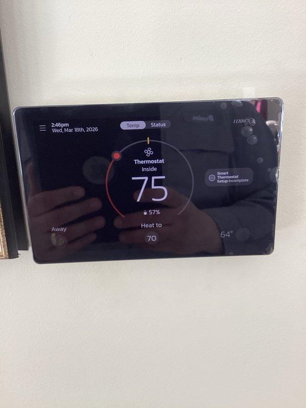 Responded to no heat service call and diagnosed a malfunctioning iComfort thermostat that was originally installed in 2018. Replaced the defective thermostat with a new Lennox smart thermostat and verified proper system operation with heat now functioning correctly at customer's desired setpoint of 70°F.