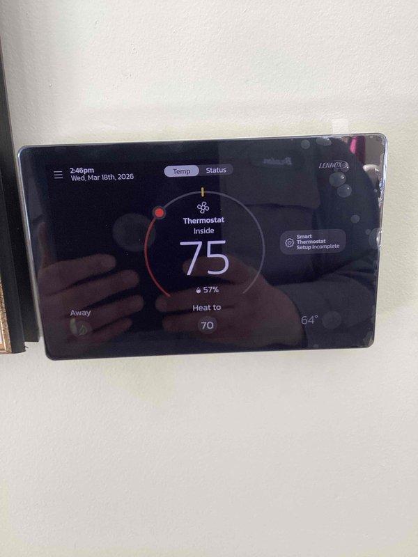 Responded to no heat service call and diagnosed a malfunctioning iComfort thermostat that was originally installed in 2018. Replaced the defective thermostat with a new Lennox smart thermostat and verified proper system operation with heat now functioning correctly at customer's desired setpoint of 70°F.