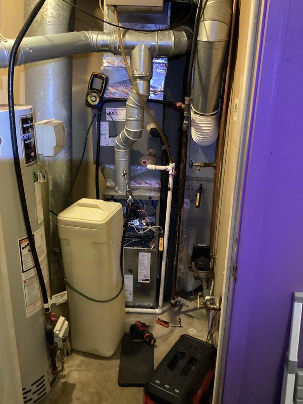 # HVAC Service Report

Performed preventive maintenance agreement (PMA) service on residential furnace system. Accessed unit in utility closet alongside water heater and ductwork. Replaced dirty furnace filter that was obstructed by drain line positioning. Completed full tune-up inspection per PMA protocol. Customer enrolled in maintenance membership program at completion of service.