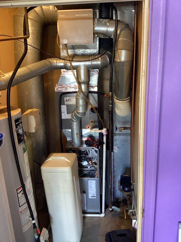 # HVAC Service Report

Performed preventive maintenance agreement (PMA) service on residential furnace system. Accessed unit in utility closet alongside water heater and ductwork. Replaced dirty furnace filter that was obstructed by drain line positioning. Completed full tune-up inspection per PMA protocol. Customer enrolled in maintenance membership program at completion of service.