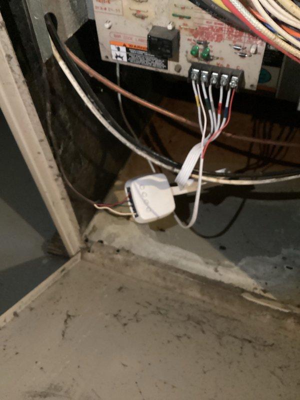 Responded to no power issue with HVAC system. Upon arrival, diagnosed thermostat wiring deficiency—existing 4-wire configuration lacked common wire required for new thermostat operation. Pulled common wire to thermostat location and installed Ecobee add-a-wire module at air handler to provide necessary 5-wire connection. Installed customer-supplied thermostat, verified proper wiring connections at both thermostat and air handler terminal board, and confirmed system restored to full operation.