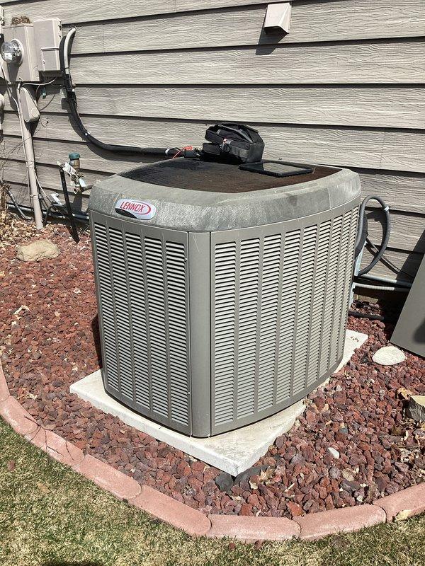 Completed scheduled air conditioning preventive maintenance on Lennox XC16 condenser unit. Performed system diagnostics including temperature delta verification, inspected all components for proper operation, and performed coil cleaning to ensure optimal heat transfer and system efficiency.