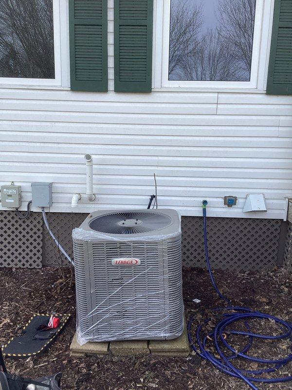 Responded to no cooling complaint on newer Lennox outdoor condensing unit. Upon arrival, performed system diagnostics and operational testing. System was found operating within normal parameters at time of service. Homeowner reported refrigerant had been previously added by another service provider and suspected ongoing leak. Visual inspection of unit and refrigerant lines revealed no obvious signs of active refrigerant loss or oil staining at common leak points. All electrical connections, contactors, and capacitor readings normal. Compressor and condenser fan motor operating properly with adequate airflow through coil. Advised homeowner to monitor system performance and contact for further diagnostics if cooling issues return.