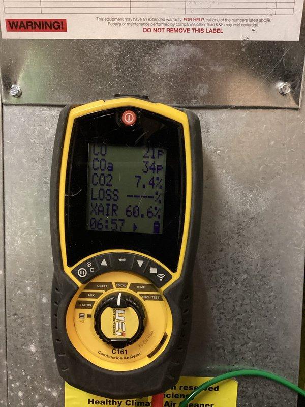 Completed warranty replacement of furnace limit switch and collector box on residential HVAC system. Following component installation, performed comprehensive preventive maintenance analysis (PMA) on furnace including combustion analysis, which verified proper CO levels, CO2 at 3.4%, O2 at 7.4%, and excess air at 60.6%. All systems tested and operating within manufacturer specifications.