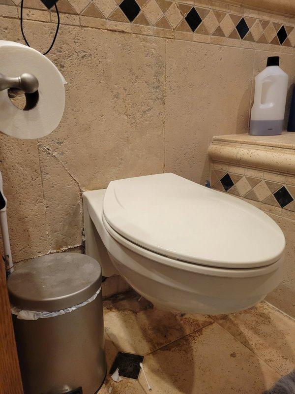 Responded to service call for wall-mounted concealed cistern toilet replacement. Upon arrival, discovered incorrect toilet model had been ordered for the installation. Proceeded to remove existing toilet fixture from bathroom featuring travertine-textured walls and decorative diamond-pattern tile border. Disconnected water supply and mounting hardware from wall-mounted cistern system. Toilet removal completed successfully, leaving installation site prepared for correct replacement unit. Scheduled return visit to complete installation once proper wall-hung toilet model is delivered.