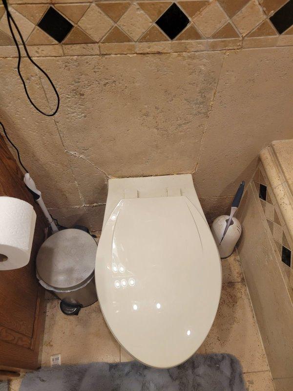Responded to service call for wall-mounted concealed cistern toilet replacement. Upon arrival, discovered incorrect toilet model had been ordered for the installation. Proceeded to remove existing toilet fixture from bathroom featuring travertine-textured walls and decorative diamond-pattern tile border. Disconnected water supply and mounting hardware from wall-mounted cistern system. Toilet removal completed successfully, leaving installation site prepared for correct replacement unit. Scheduled return visit to complete installation once proper wall-hung toilet model is delivered.