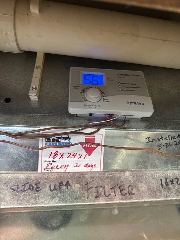 Responded to service call for excessive humidity and moisture on windows. Upon inspection, found humidity levels significantly elevated throughout the home. Diagnosed failed humidistat on AprilAire whole-home humidifier system, which was causing the unit to run continuously. Removed defective humidistat control and installed new replacement unit. Verified proper operation of humidifier system and confirmed humidity levels returning to normal range. System tested and left in proper working order.
