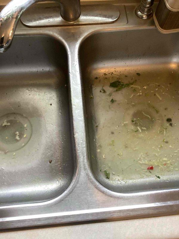 Responded to a call for a backing up kitchen sink drain. Upon arrival, found a double-basin stainless steel kitchen sink with standing water and food debris in both basins, indicating a clogged drain line. The right basin showed significant accumulation of organic matter including vegetable waste and food particles suspended in cloudy water. Assessed the drainage system and identified the blockage location. Provided repair estimate to address the clog, but customer declined service due to pricing concerns. Collected the diagnostic service fee and departed the premises without performing drain clearing work.