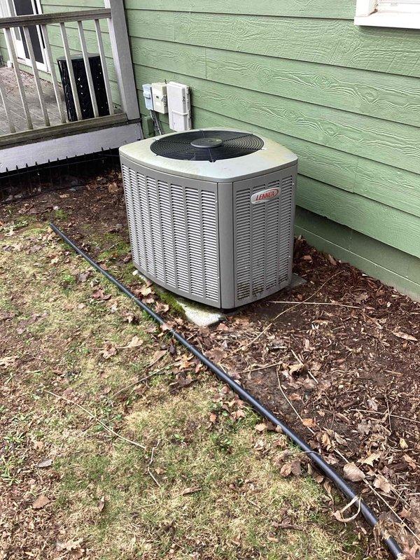 Responded to no cooling complaint on 10-year-old Lennox unit that was short cycling every 30 seconds. Found system completely flat with no refrigerant charge. Noted severely clogged air filter restricting airflow. Recharged system to manufacturer specifications and added UV dye to aid in future leak detection if needed.