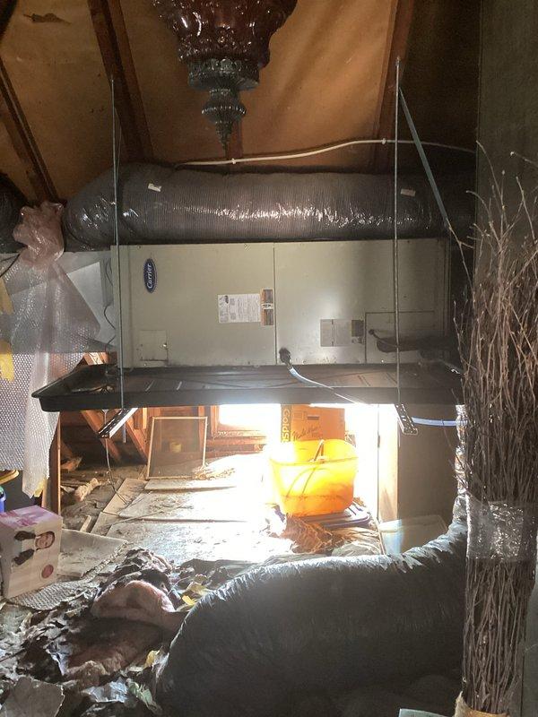 Responded to service call for attic-mounted Carrier air handler unit requiring drain pan installation. Upon arrival, accessed HVAC equipment in attic space and assessed existing air handler configuration. Successfully installed new drain pan beneath the unit to provide proper condensate collection and prevent potential water damage. Verified proper positioning and secure placement of pan under the air handler. Installation completed and system ready for operation.
