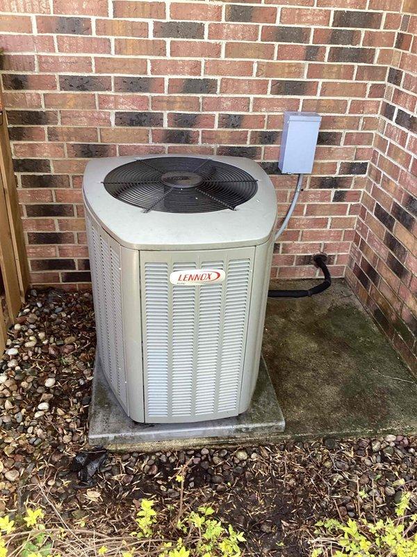 Completed preventive maintenance agreement inspection on Lennox air conditioning system. During routine testing, identified failed capacitor with degraded capacitance reading of 46.17 µF on C65A 440VAC rated component. Replaced defective capacitor with new unit to restore proper compressor and fan motor operation, ensuring system reliability and preventing potential equipment failure.