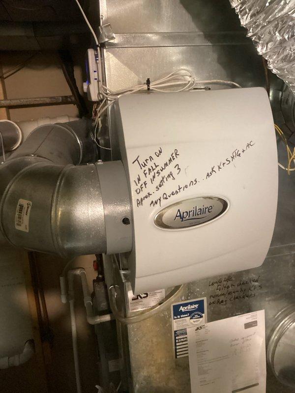 Responded to service call for Aprilaire whole-house humidifier with blinking indicator light. Performed humidifier maintenance by replacing water panel filter pad. Tested system operation to verify proper functionality and confirmed humidifier was operating correctly upon completion.