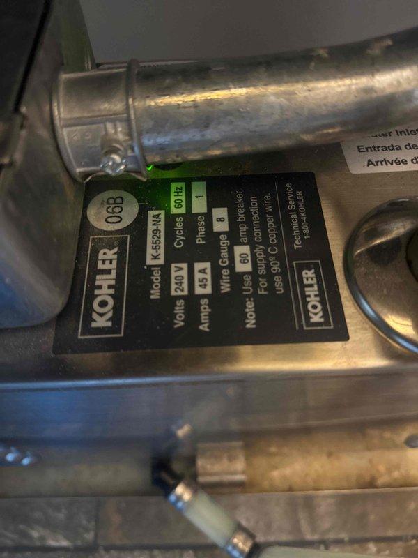 Responded to service call for steam shower system repair. Replaced faulty heating elements and solenoid valve on Kohler K-5523NA unit rated at 240V/45.1A. During post-installation testing, discovered pressure sensor providing false readings. Technician has ordered replacement pressure sensor and control board for follow-up installation to complete system restoration.