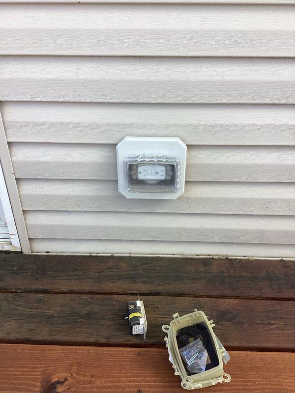 Replaced outdoor weatherproof electrical outlet and cover on exterior vinyl siding using customer-supplied components including outlet, cover, and junction box. Installed customer-supplied ceiling fan in interior room, connecting wiring at existing ceiling junction box and completing all electrical connections per code requirements.