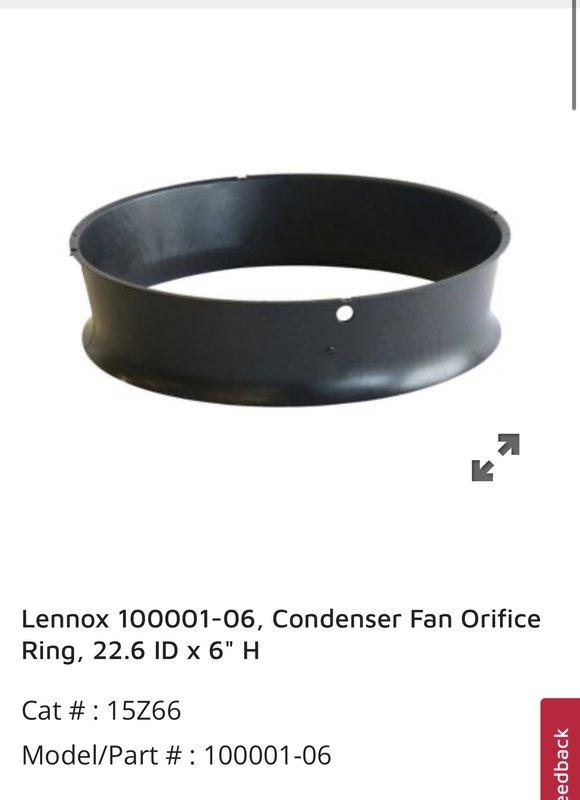 Responded to service call for noisy air conditioning unit. Upon inspection, discovered bent condenser fan blade caused by contact with damaged shroud assembly. Replaced Lennox 100001-06 condenser fan orifice ring (22.6" ID x 6" H) and Lennox 100060-23 fan blade (22" diameter, 3-blade, 26 pitch, 1/2" bore, CCW facing) to restore proper operation and eliminate noise issue.