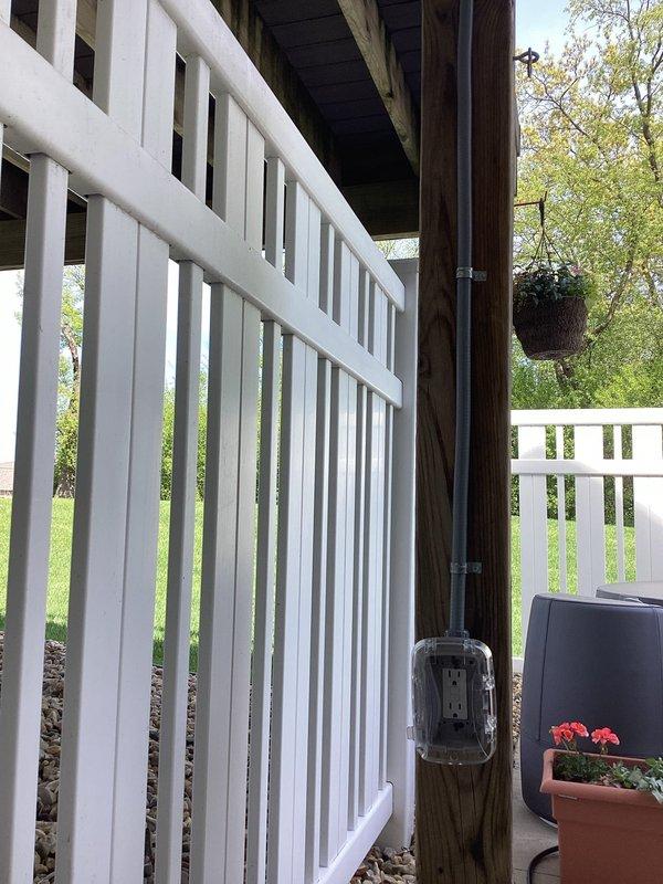 Installed dedicated 240V circuit for hot tub with outdoor GFCI-protected outlet. Ran PVC conduit from garage panel through exterior wall to deck area, terminating at weather-rated GFCI receptacle mounted on structural post. All work completed to code specifications for outdoor wet location applications.