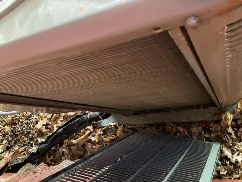 Completed preventative maintenance on air conditioning system. Replaced dirty air filter and thoroughly cleaned heavily soiled outdoor condenser coil that had significant debris accumulation including leaves and dirt buildup affecting heat transfer efficiency.