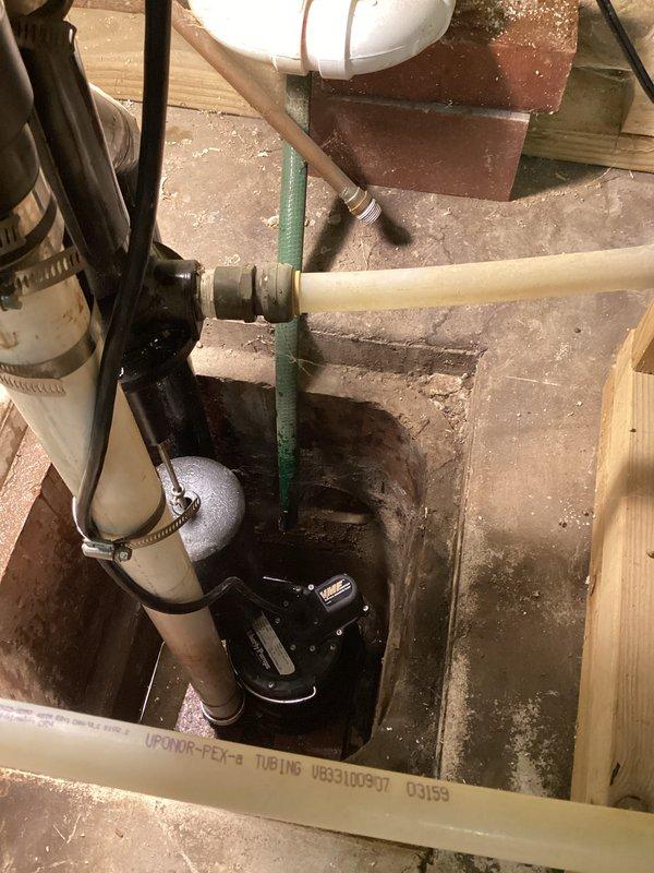 Responded to service call for sump pump that was constantly running and would not shut off due to age-related component failure. Removed and replaced the malfunctioning unit with a new sump pump, reconnected all discharge piping and electrical connections, and verified proper float switch operation and automatic cycling.