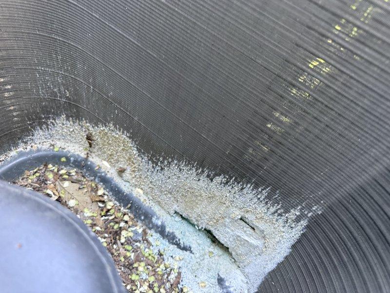 Responded to return appointment for leak search on air conditioning system. Upon arrival, removed top panel of outdoor unit to access internal components. Located source of refrigerant leak at condenser coil, which exhibited severe corrosion damage and structural failure. Inspection revealed extensive deterioration caused by animal urine exposure, resulting in compromised coil integrity with visible penetration through multiple fin layers. Heavy mineral deposits and crystalline buildup observed throughout affected area. Documented damage with photographs showing corroded cavity in coil structure and accumulated debris. Presented customer with repair options including condenser coil replacement or full system replacement due to extent of damage.